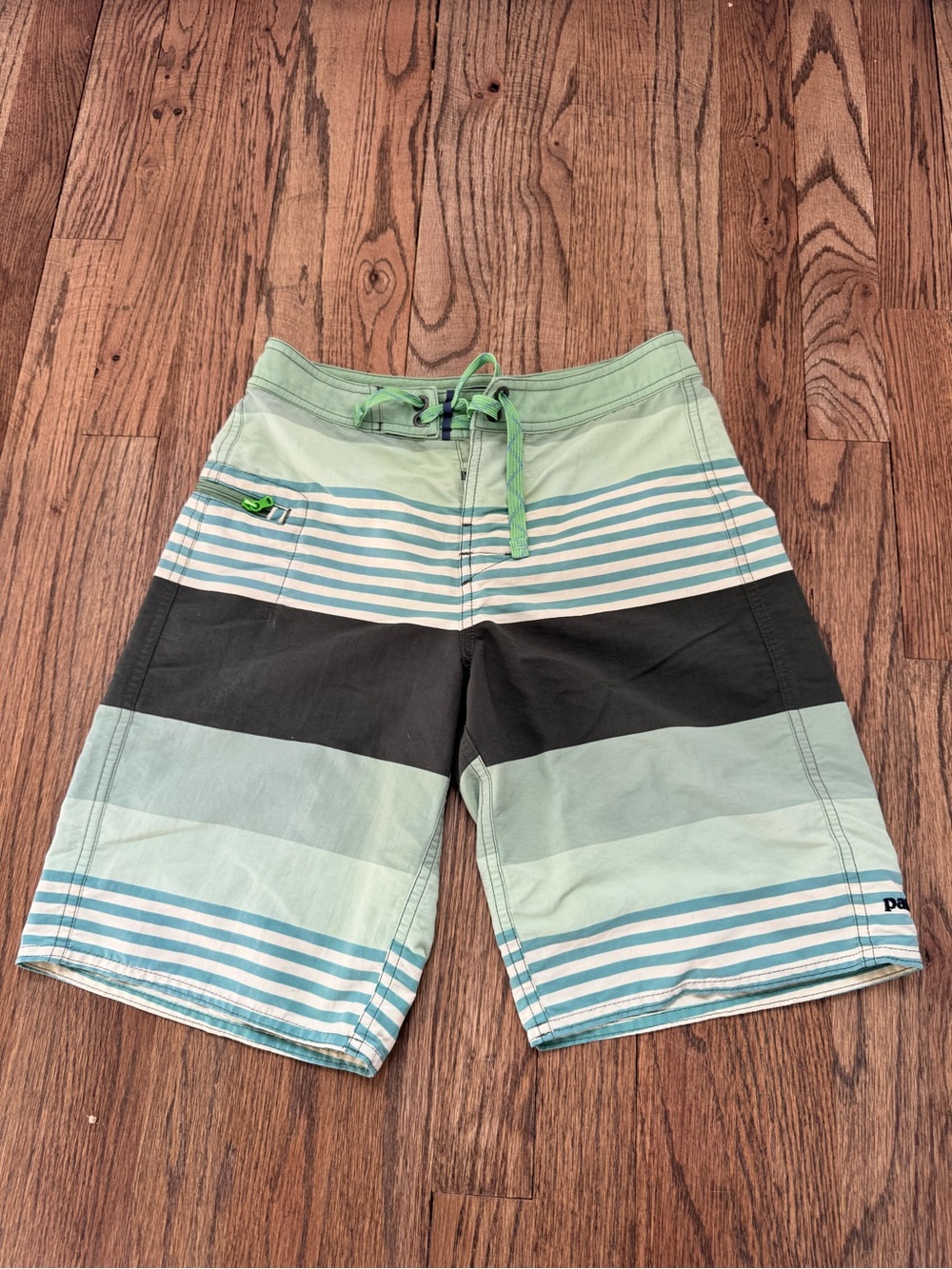 Patagonia Green and Grey Striped Boys Hybrid Board Shorts